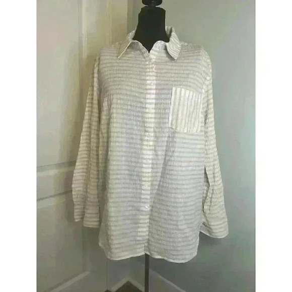 Ava & Viv Womens Plus 1X Gauzy Tan‎ White Stripe Button Down Long Sleeve Shirt - Picture 2 of 11